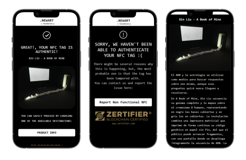 Three phone screens of the New Art Foundation NFC authentication flow