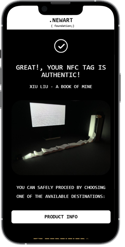 New Art Foundation app confirming an NFC tag as authentic