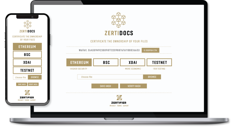 ZertiDocs on laptop and phone, certifying file ownership across Ethereum, BSC and xDai